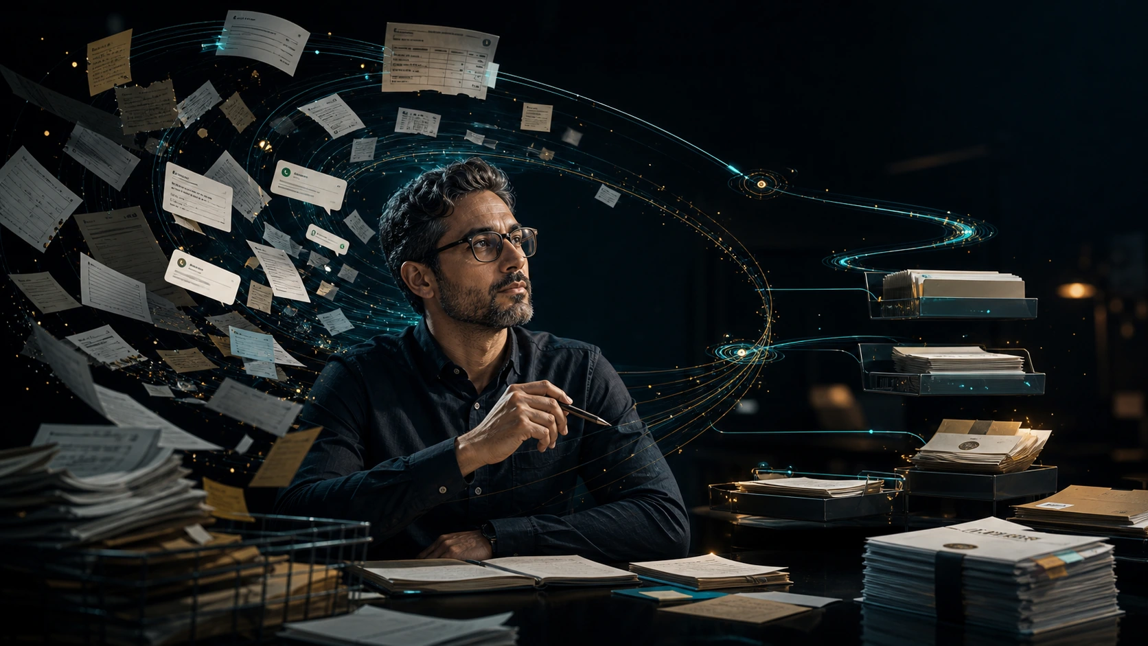 Dark editorial operations system showing manual work becoming controlled workflow lanes